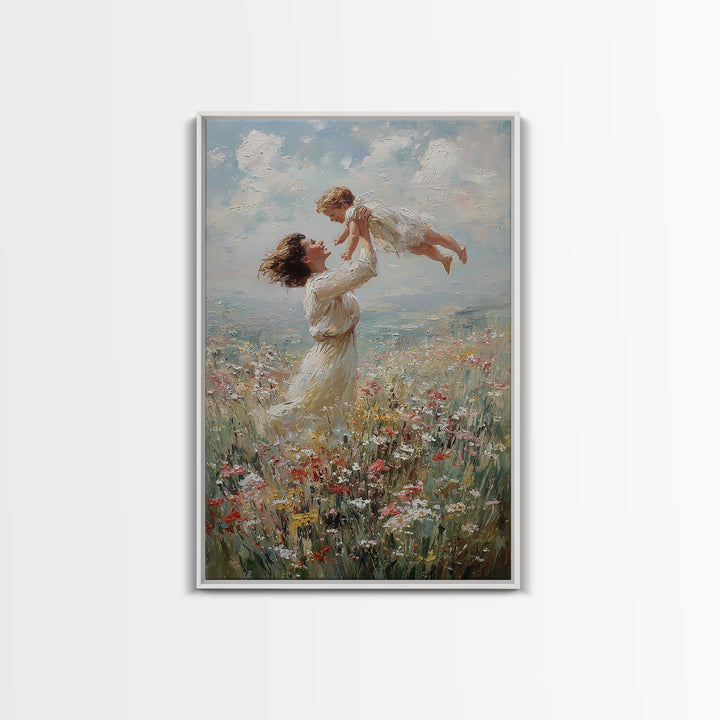 Mother Lifting Baby In Coastal Wildflowers Wall Art, Impressionist Oil Painting, Beach House Decor, Nursery Art, Gift For Her