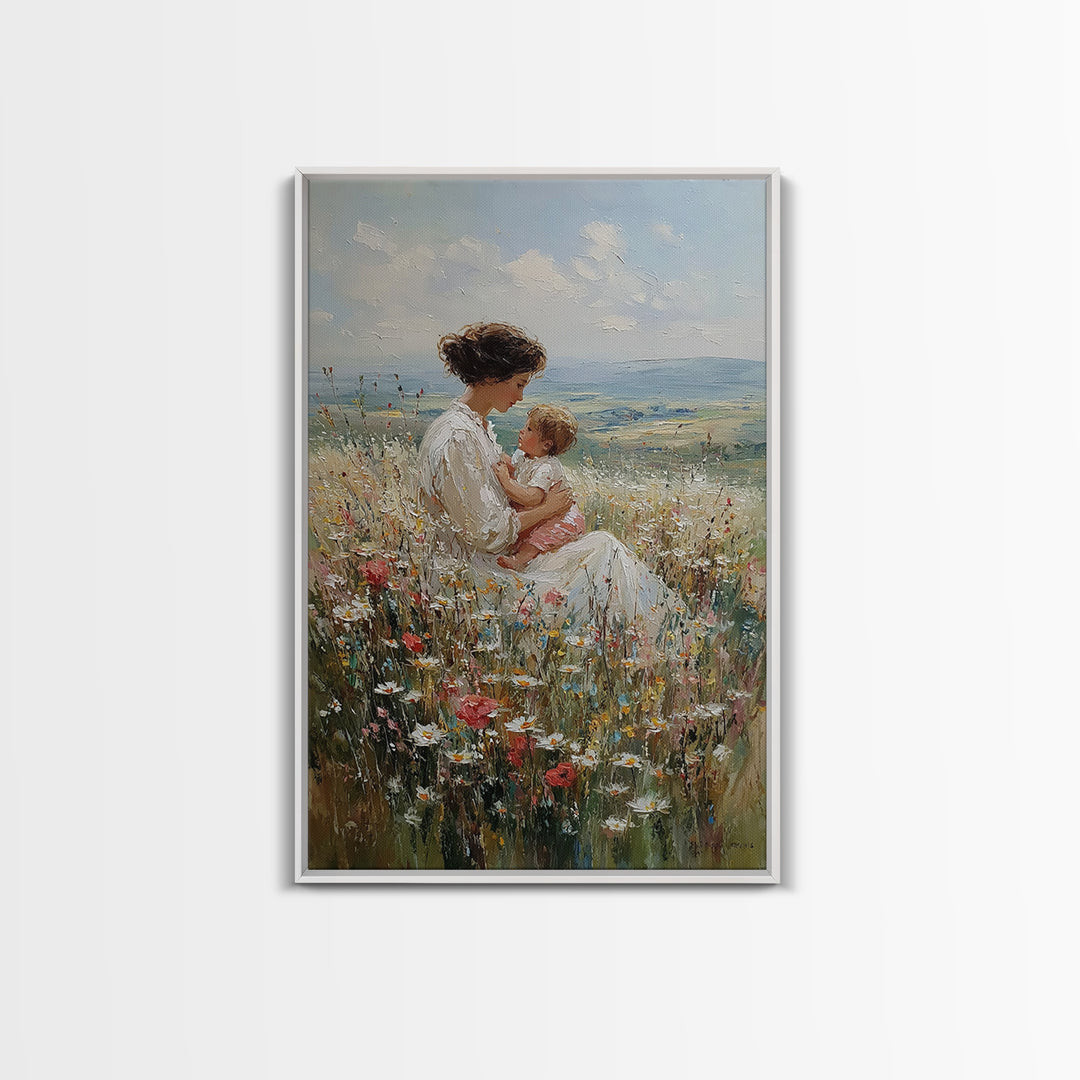 Mother And Baby In Hillside Wildflowers Framed Canvas Print, Impressionist Landscape Wall Art, Nursery Decor, Gift For Her