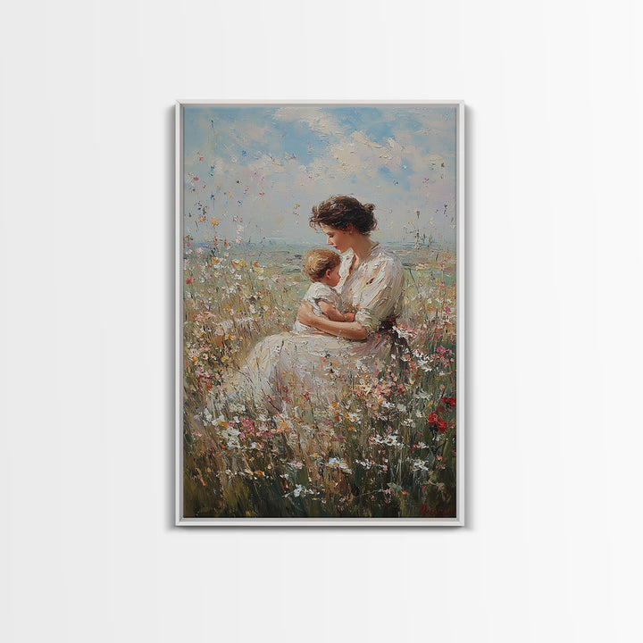 Nursing Mother And Baby In Wildflower Meadow Wall Art, Impressionist Oil Painting Print, Feminine Nursery Decor, Gift For Mom