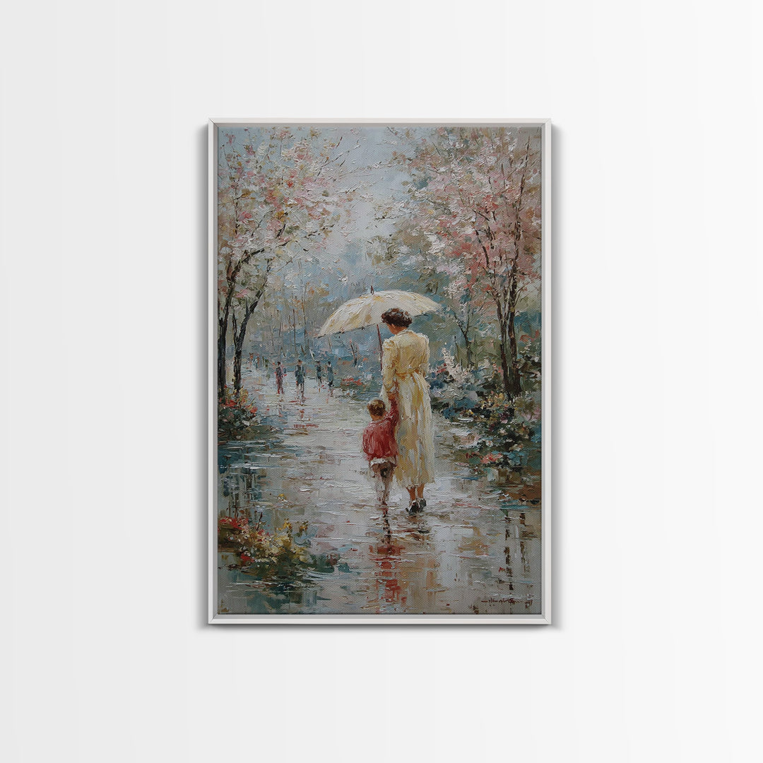 Mother And Child In Spring Rain Wall Art, Impressionist Umbrella Painting, Floral Path Canvas, Nursery And Living Room Decor