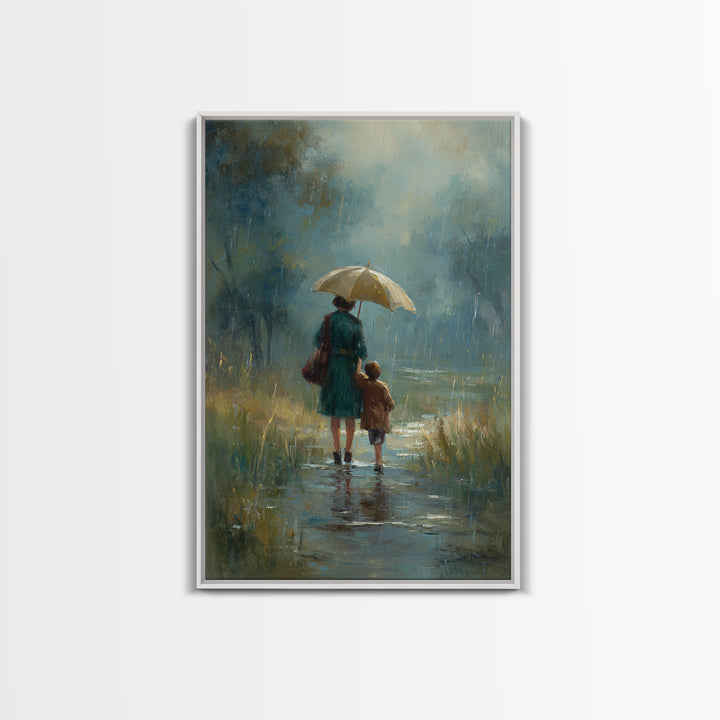 Mother And Child Rainy Pond Canvas Print, Moody Blue Impressionist Landscape Art, Umbrella Painting For Bedroom Decor, Home Decor