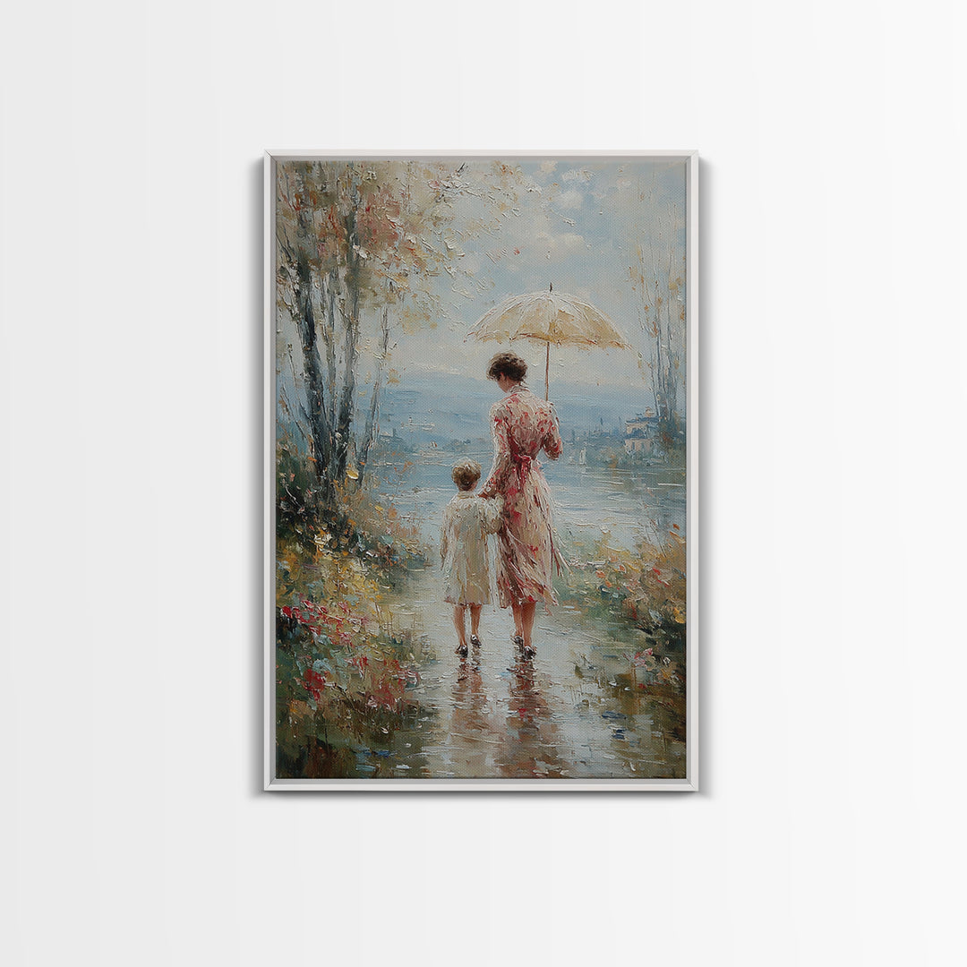 Mother And Child By Misty Lake Framed Canvas Print, Romantic Umbrella Painting, Coastal Floral Living Room Wall Decor Art