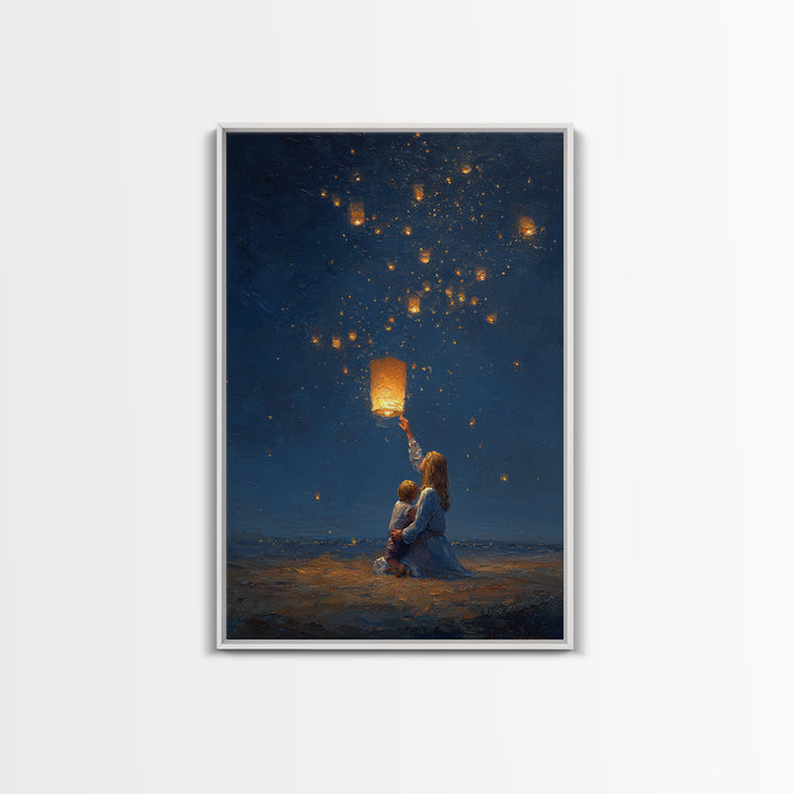 Mother And Child Releasing Sky Lantern Canvas Print, Starry Night Beach Wall Art, Celestial Nursery And Bedroom Decor Gift