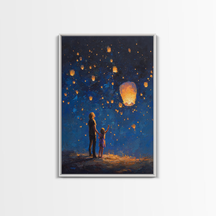 Mother And Daughter Lantern Festival Wall Art, Blue Night Celestial Canvas Print, Family Nursery Home Decor And Gift For Her