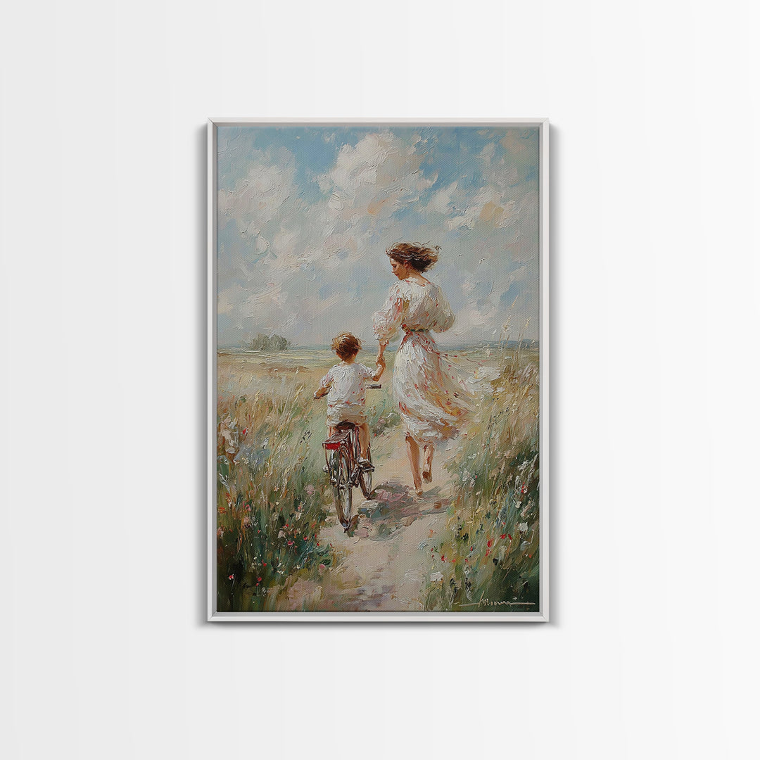 Mother In White Dress Walking With Child On Bicycle Canvas Print, Coastal Meadow Wall Art, Impressionist Family Home Decor