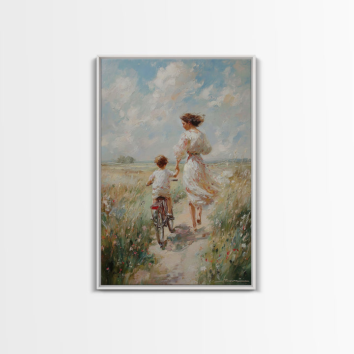 Mother In White Dress Walking With Child On Bicycle Canvas Print, Coastal Meadow Wall Art, Impressionist Family Home Decor