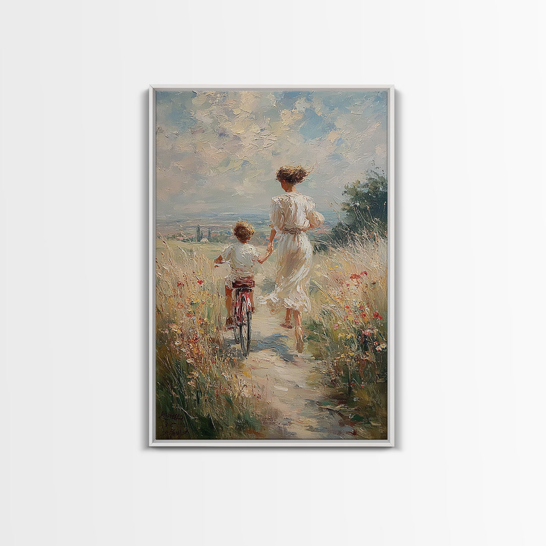 Windy Meadow Mother And Child Bike Ride Canvas Print, Coastal Landscape Wall Art, Wildflower Family Living Room Decor, Housewarming Gift