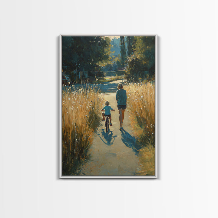 Backlit Mother And Child By Golden River Path Canvas Print, Nature Wall Art, Warm Rustic Living Room Decor, Gift For Her