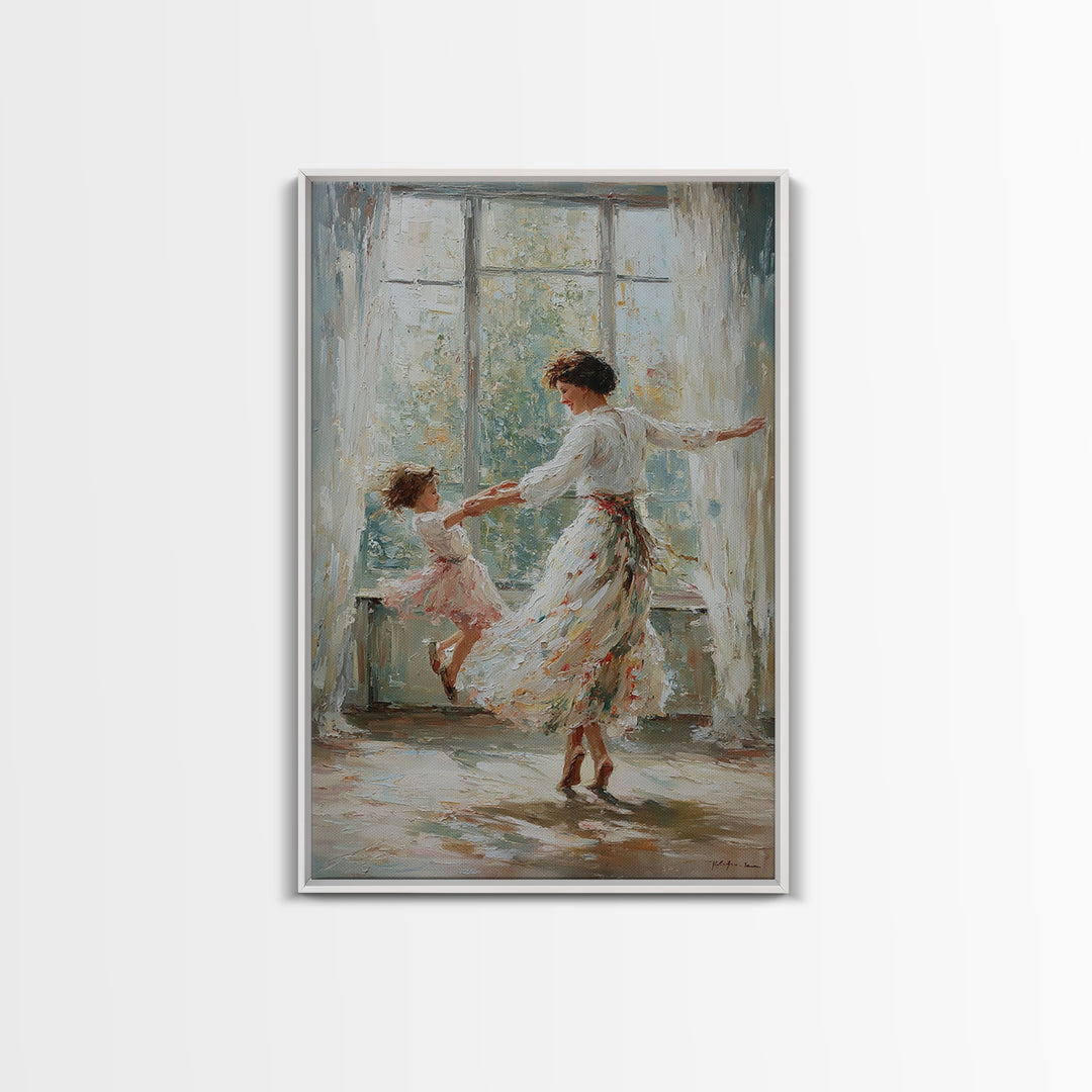 Mother And Daughter Dancing In Bright Sunlit Window Canvas Print, Impressionist Wall Art, Feminine Bedroom Decor, Gift For Mom