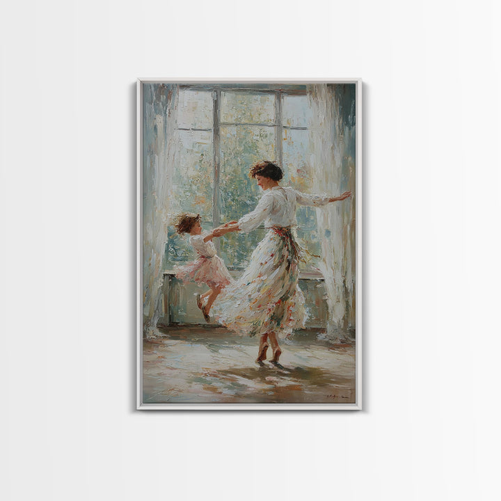 Mother And Daughter Dancing In Bright Sunlit Window Canvas Print, Impressionist Wall Art, Feminine Bedroom Decor, Gift For Mom