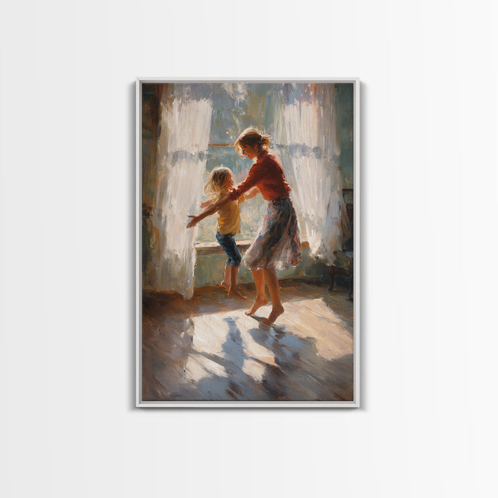Sunlit Mother And Child Dancing By Lace Curtains Canvas Print, Impressionist Wall Art, Cozy Family Home Decor, Gift For Mom