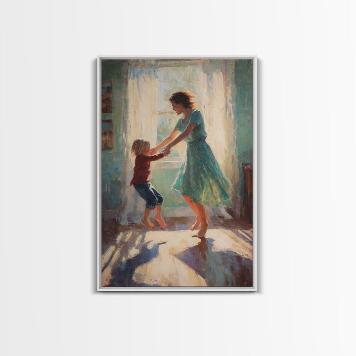 Mother And Child Dancing In Teal Dress Sunlight Canvas Print, Warm Impressionist Family Wall Art, Cozy Bedroom Decor, Gift For Her