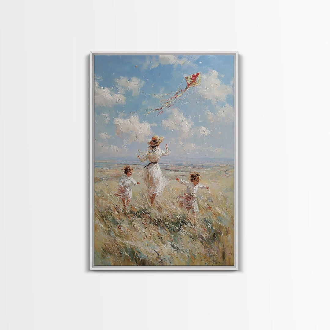 Mother And Children Flying Red Kite In Coastal Meadow Canvas Print, Whimsical Family Wall Art, Beach House Decor Gift For Her