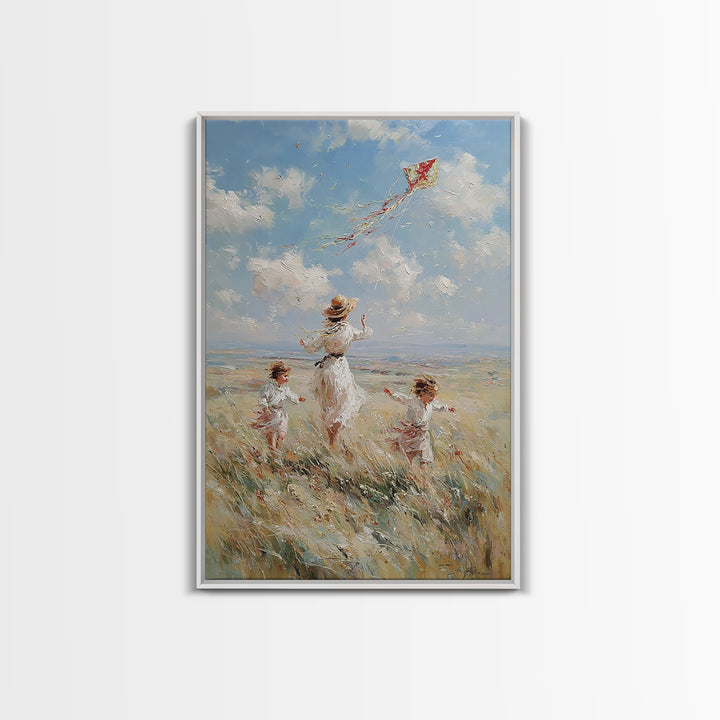 Mother And Children Flying Red Kite In Coastal Meadow Canvas Print, Whimsical Family Wall Art, Beach House Decor Gift For Her