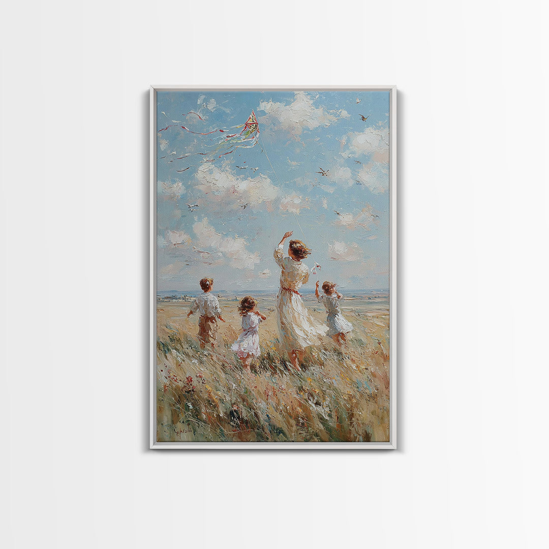 Mother And Children Flying Kite By Sea Canvas Print, Coastal Wall Art, Beach House Decor, Family Gift, Living Room Decor