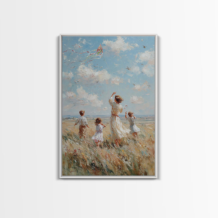 Mother And Children Flying Kite By Sea Canvas Print, Coastal Wall Art, Beach House Decor, Family Gift, Living Room Decor