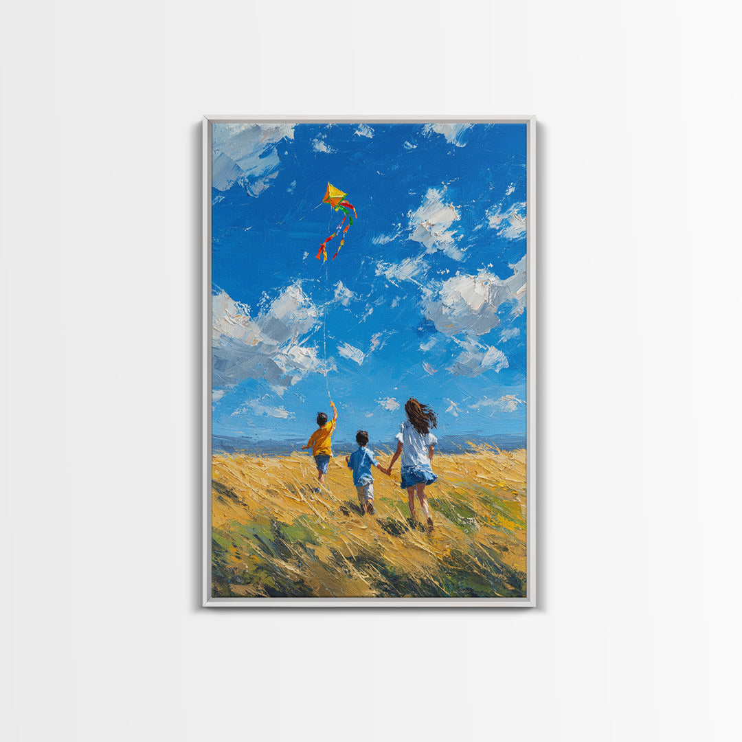 Children Chasing Bright Kite In Golden Field Framed Canvas Print, Colorful Wall Art, Summer Landscape, Kids Room Decor Gift