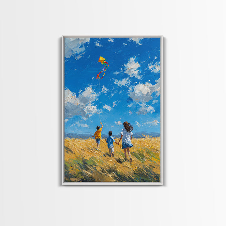Children Chasing Bright Kite In Golden Field Framed Canvas Print, Colorful Wall Art, Summer Landscape, Kids Room Decor Gift