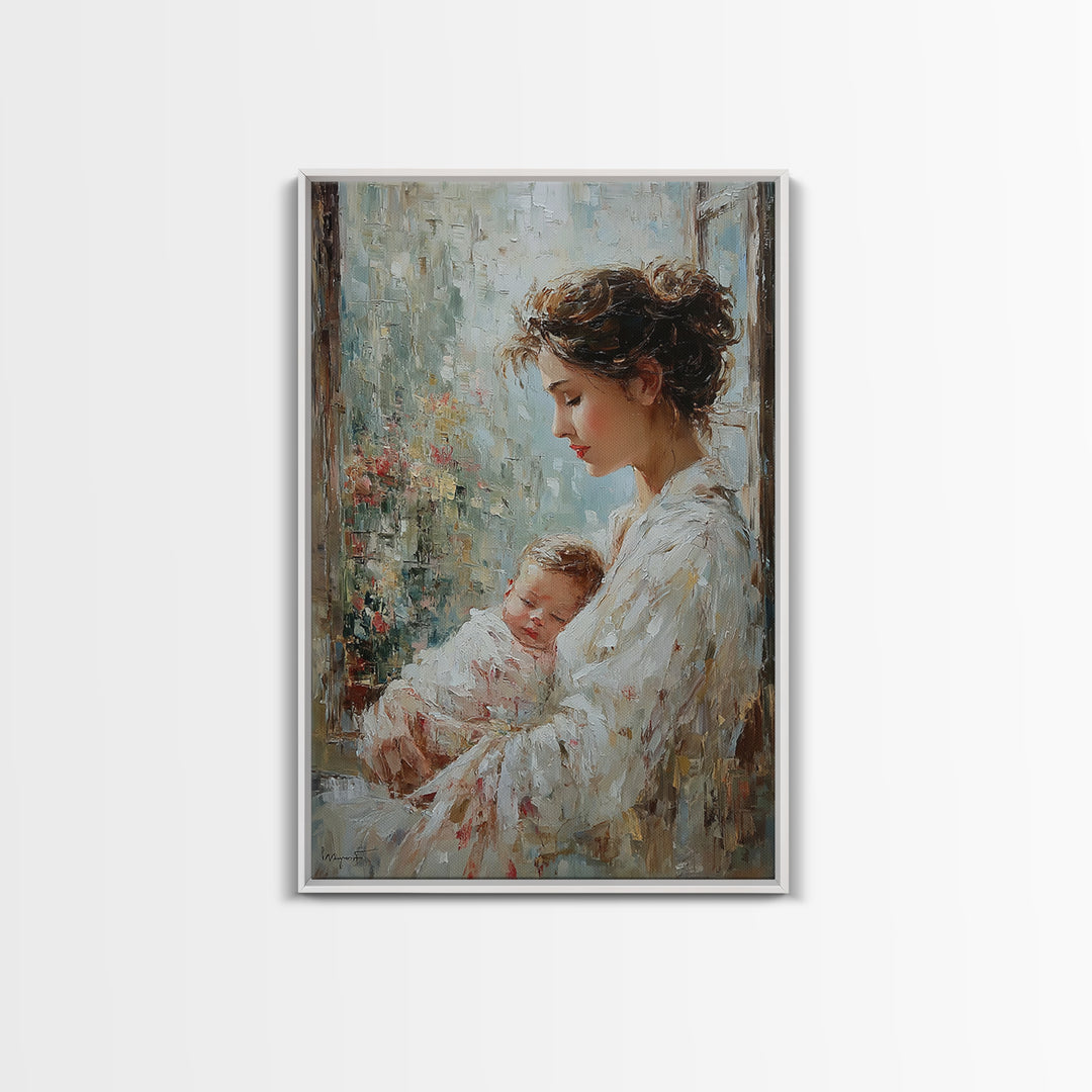 Mother Holding Sleeping Baby By Rainy Window Canvas Print, Feminine Wall Art, Nursery Decor, Gift For Mom, Bedroom Decor