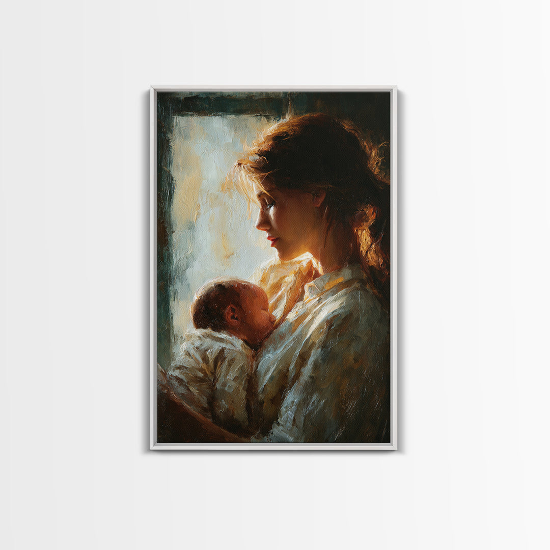 Backlit Mother Cradling Newborn By Window Framed Canvas Print, Romantic Wall Art, New Mom Gift, Moody Bedroom Decor Print