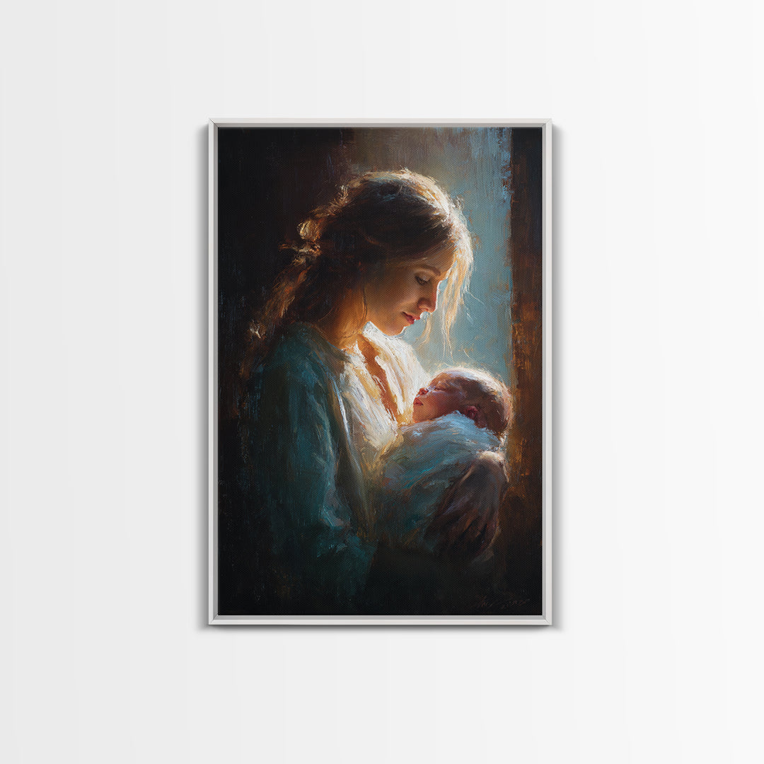 Radiant Mother Gazing At Newborn In Shadow Canvas Print, Moody Wall Art, Spiritual Gift, Nursery Decor, New Mom Gift Print