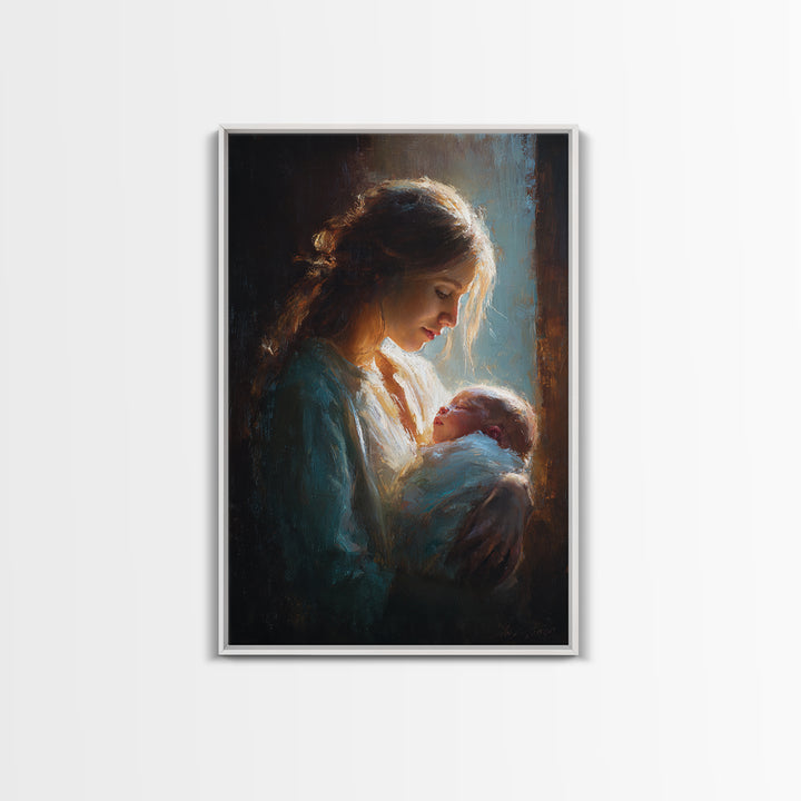 Radiant Mother Gazing At Newborn In Shadow Canvas Print, Moody Wall Art, Spiritual Gift, Nursery Decor, New Mom Gift Print