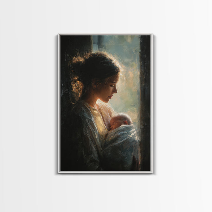 Soft Profile Mother With Sleeping Baby In Window Light Canvas Print, Moody Wall Art, New Mom Gift, Feminine Bedroom Decor