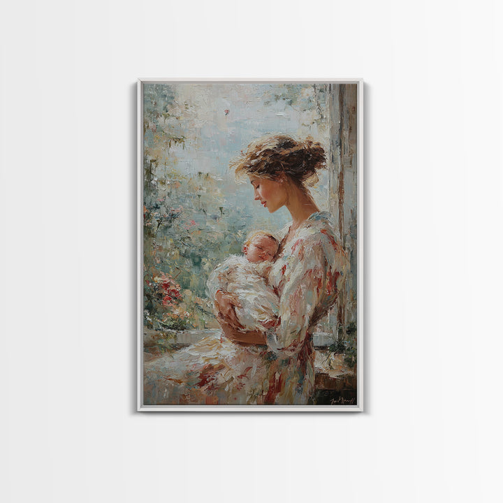 Mother Cradling Newborn Beside Blooming Window Framed Canvas Print, Feminine Wall Art, Nursery Decor, New Mom Gift, Bedroom Decor