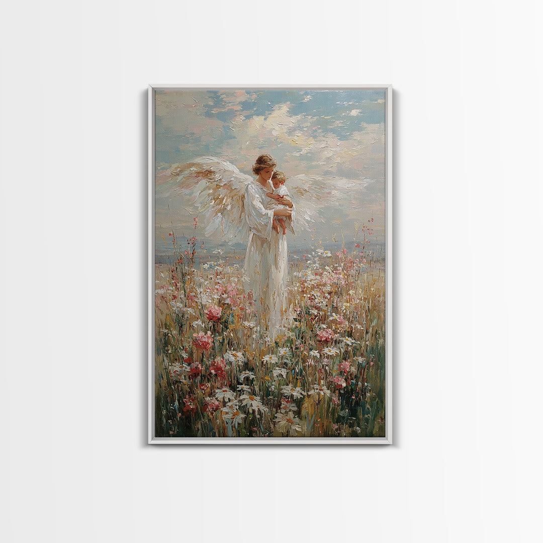 Guardian Angel Holding Baby In Wildflower Meadow Wall Art, Christian Nursery Decor, Motherhood Gift, Framed Fine Art Print