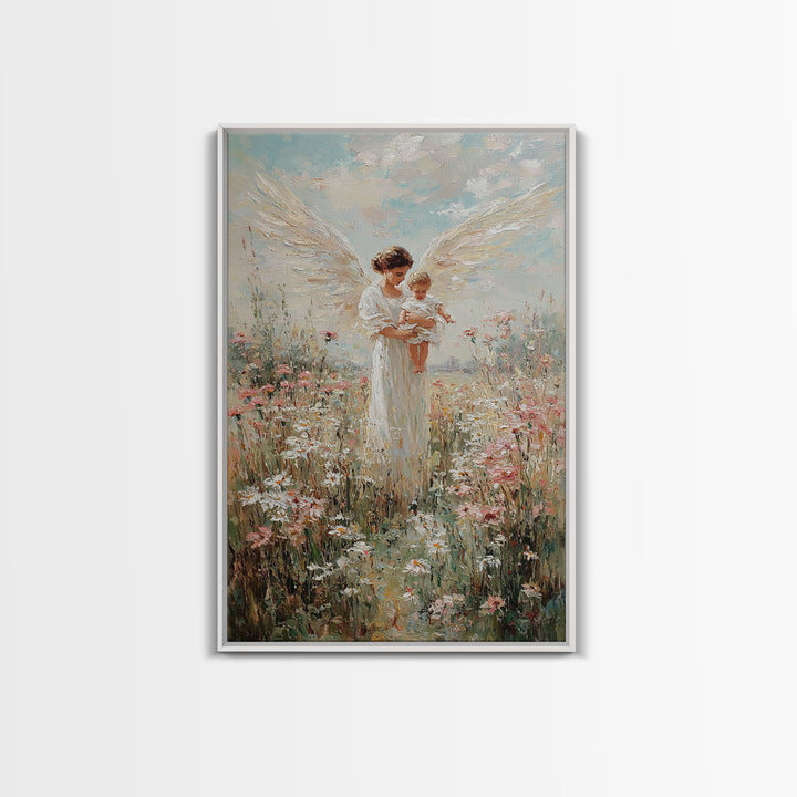White Winged Angel Holding Baby In Flower Garden Canvas Print, Christian Nursery Wall Art, Floral Home Decor, Gift For Mom