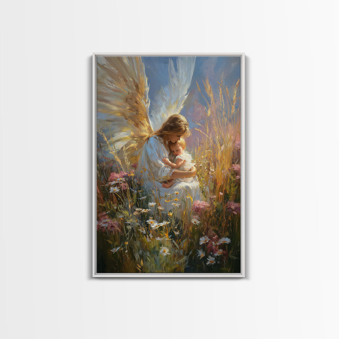 Glowing Angel Mother Nursing Baby In Wild Meadow Wall Art, Christian Canvas Print, Spiritual Nursery Decor, Gift For Her