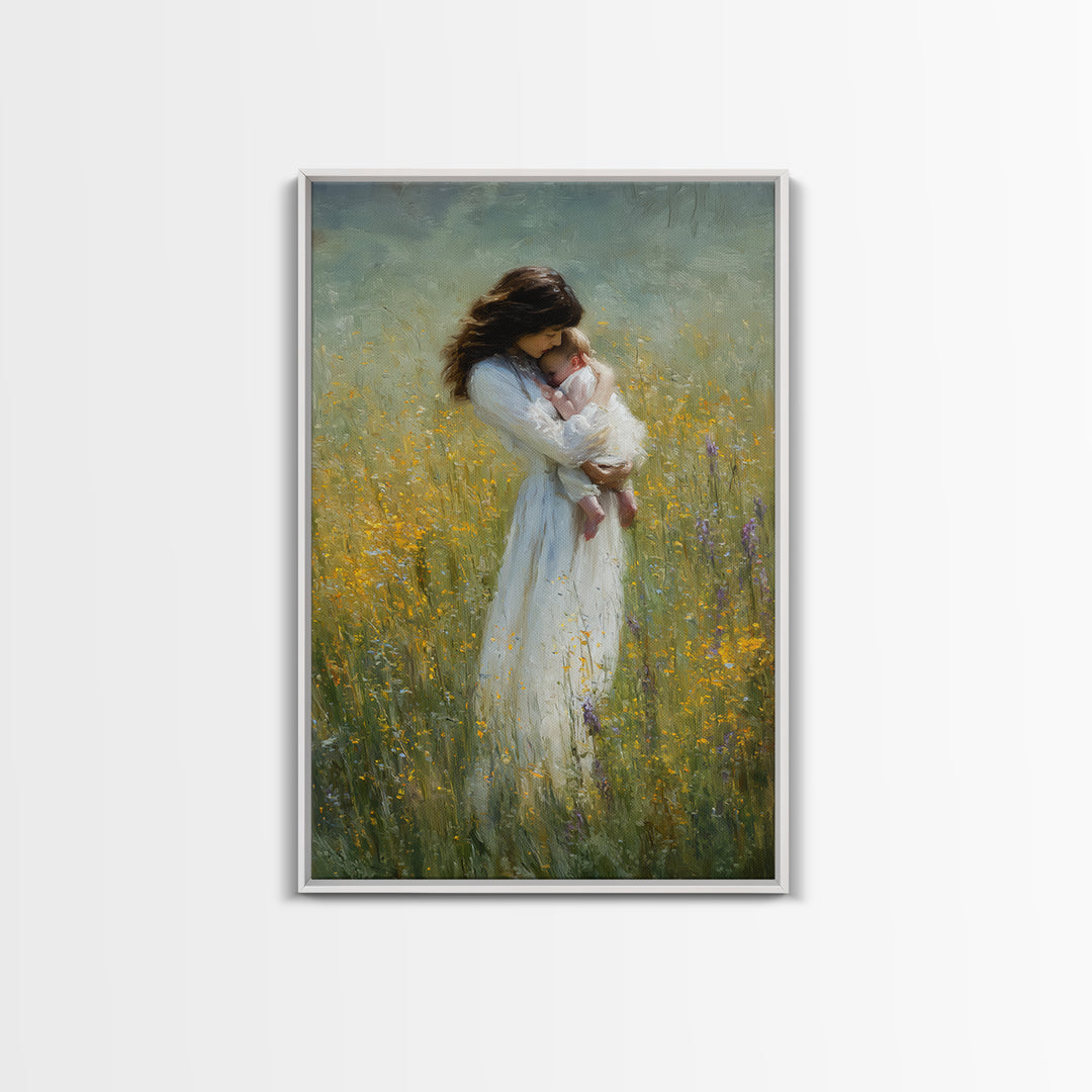 Tender Mother Cradling Newborn In Yellow Meadow Canvas Print, Motherhood Wall Art, Feminine Nursery Wall Decor, Gift For Mom