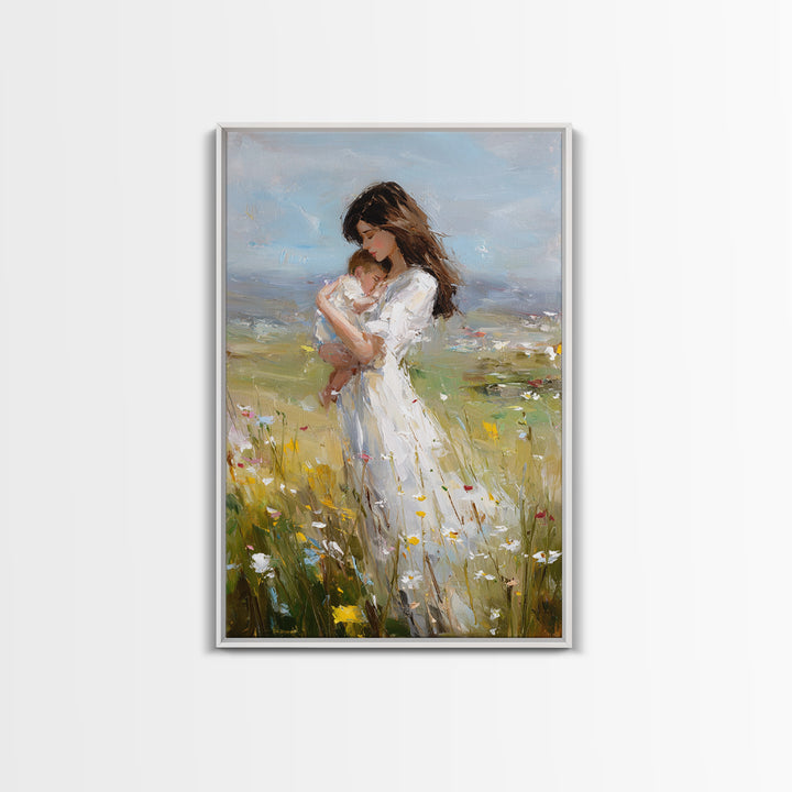 Mother Holding Sleeping Baby In Breezy Meadow Wall Art, Motherhood Canvas Print, Neutral Nursery Decor, Gift For Mom, Home Decor
