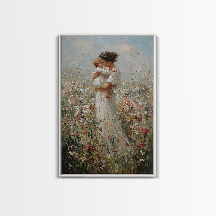 Mother Kissing Child In Wildflower Field Framed Canvas Print, Motherhood Wall Art, Floral Nursery Decor, Gift For Her, Home Decor