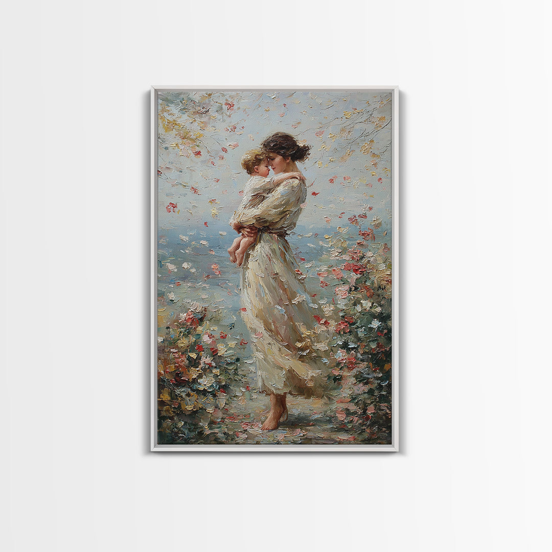 Mother Holding Child By Floral Shore Framed Canvas Print, Impressionist Wall Decor, Living Room Art, Gift For Mom, Housewarming Gift