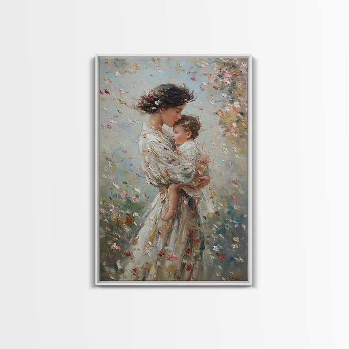 Mother Cradling Baby In Blossom Garden Wall Art, Romantic Impressionist Oil Painting, Feminine Bedroom Decor Gift For Her