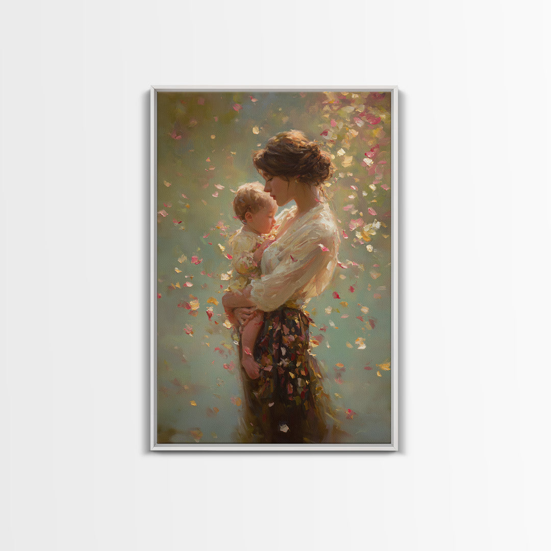 Warm Sunlit Mother And Baby Framed Canvas Print, Floral Impressionist Painting, Soft Feminine Wall Decor, Gift For Mom, Nursery Art