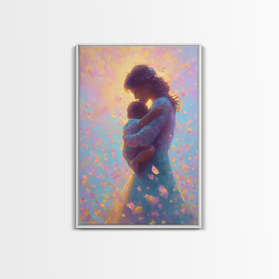 Glowing Mother And Infant Silhouette Canvas Print, Pastel Celestial Floral Petals, Dreamy Nursery Wall Art, Gift For Mom