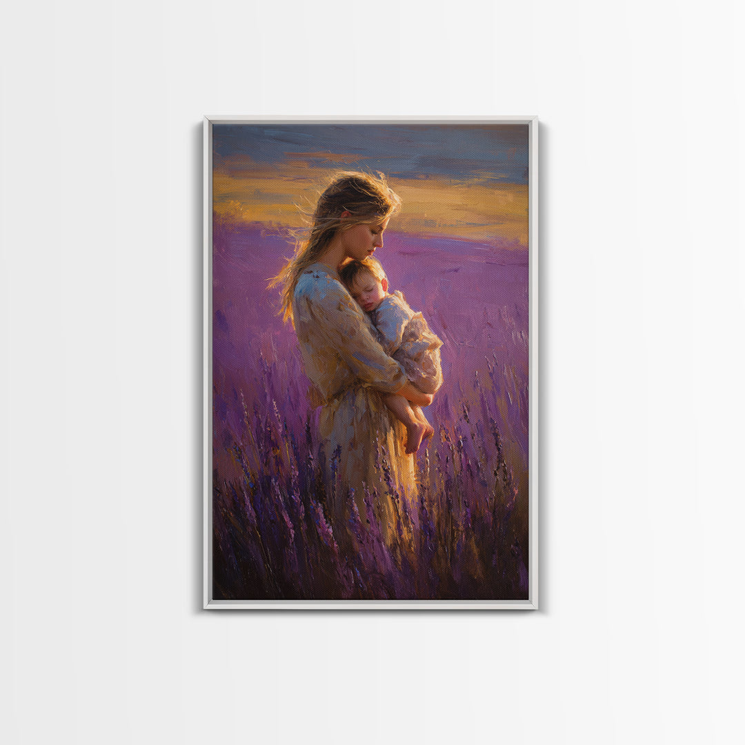 Mother And Sleeping Baby In Lavender Field Wall Art, Sunset Impressionist Oil Painting, Romantic Bedroom Decor, Gift For Mom