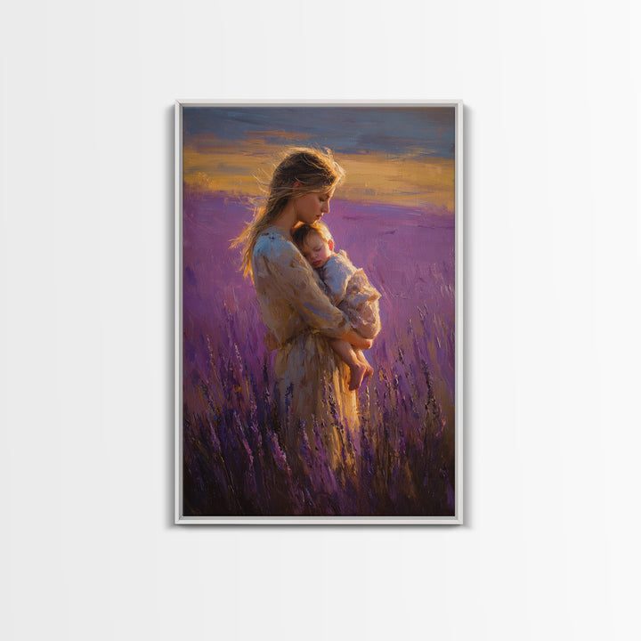 Mother And Sleeping Baby In Lavender Field Wall Art, Sunset Impressionist Oil Painting, Romantic Bedroom Decor, Gift For Mom