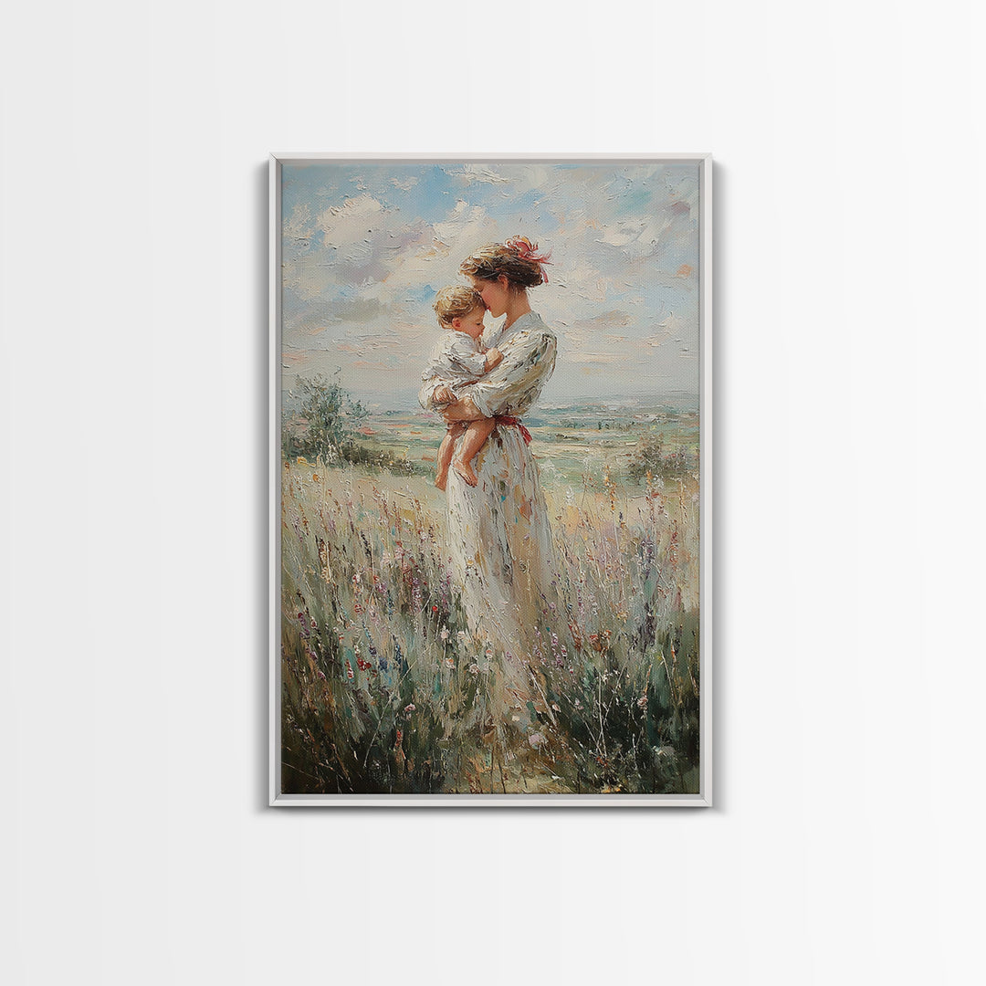 Mother Holding Child In Windy Wildflower Meadow Framed Canvas Print, Impressionist Landscape Wall Decor, Gift For Mom, Home Decor