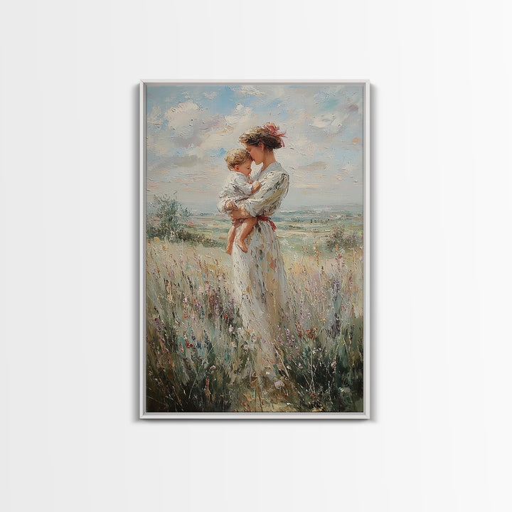 Mother Holding Child In Windy Wildflower Meadow Framed Canvas Print, Impressionist Landscape Wall Decor, Gift For Mom, Home Decor