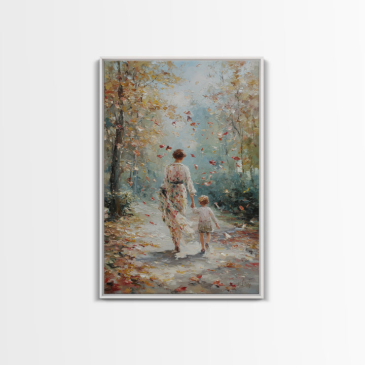 Mother And Child Autumn Walk Wall Art, Impressionist Forest Path Canvas, Cozy Family Decor, Gift For Mom, Living Room Art