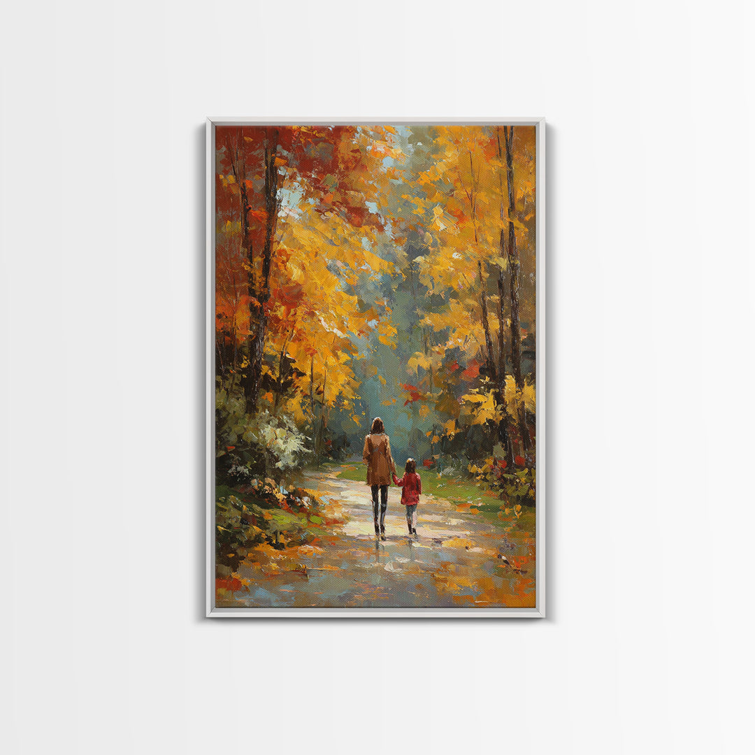 Golden Autumn Forest Walk Canvas Print, Mother Child Path Painting, Vibrant Landscape Wall Decor, Cozy Home Decor, Gift For Her