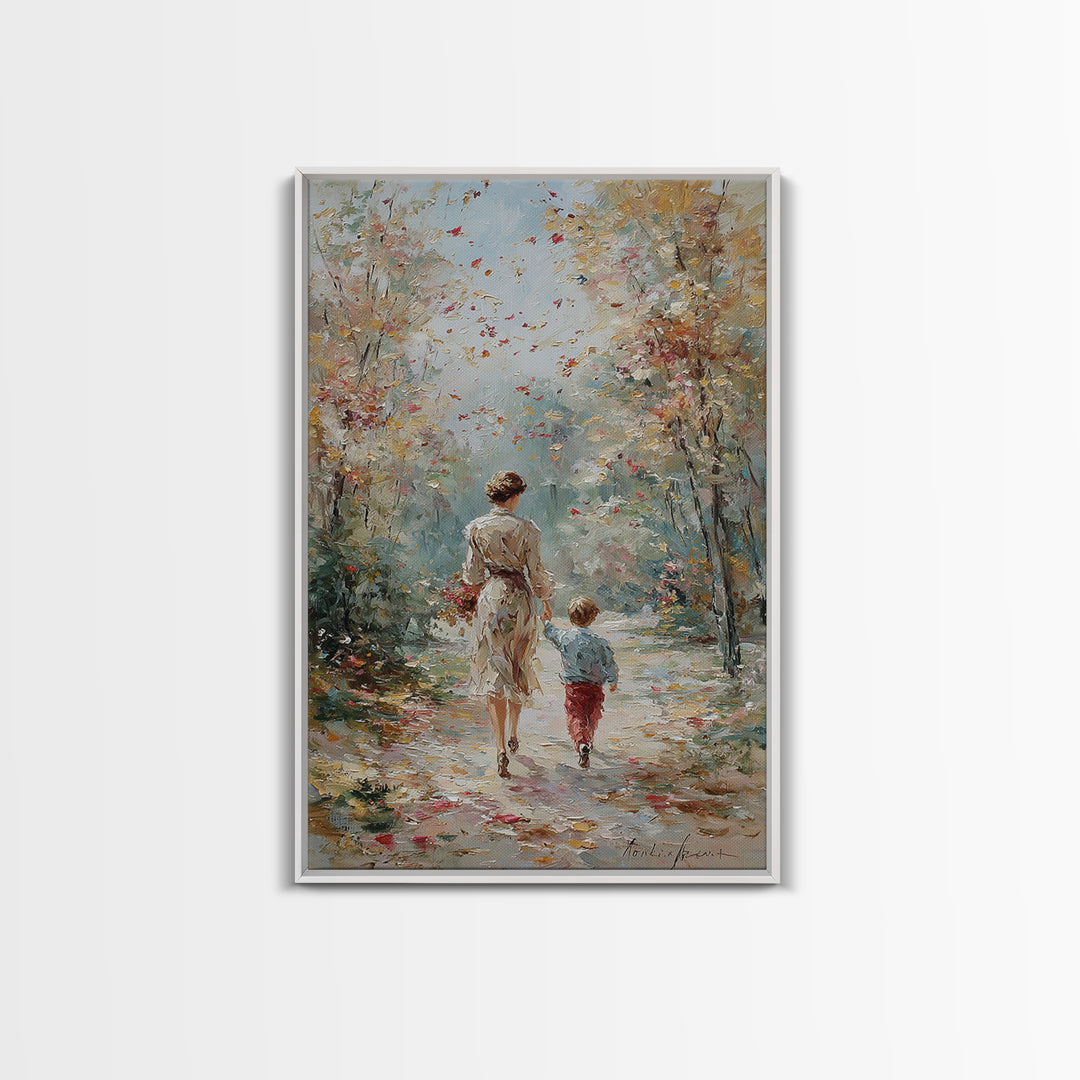 Mother And Son Fall Forest Walk Wall Art, Soft Impressionist Path Painting, Family Home Decor, Living Room Art, Mothers Day Gift