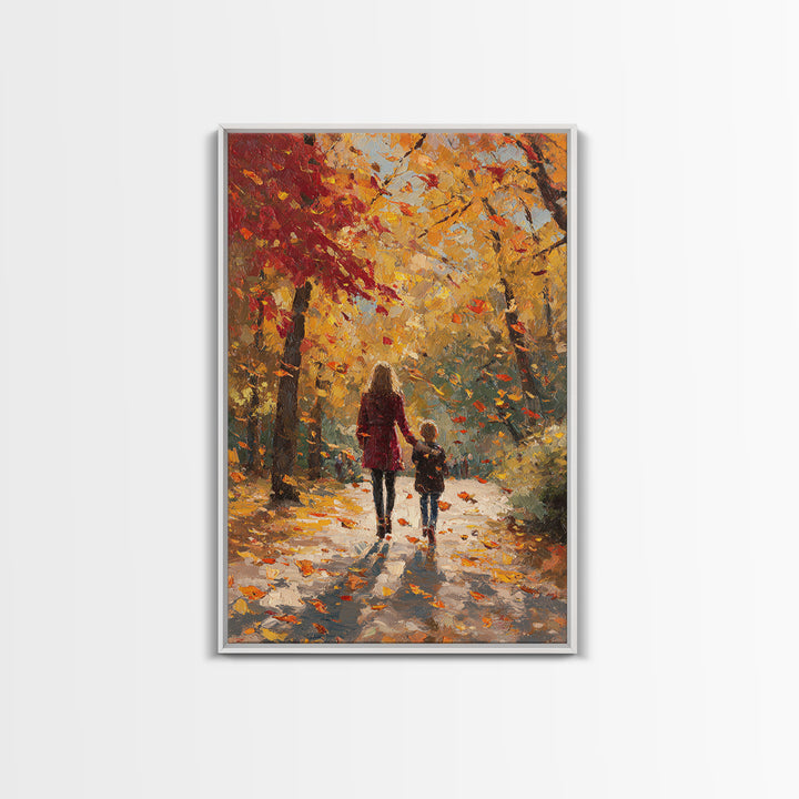 Mother And Child Golden Fall Walk Canvas Print, Red Coat Autumn Trees Painting, Warm Family Decor, Rustic Wall Art, Gift For Mom