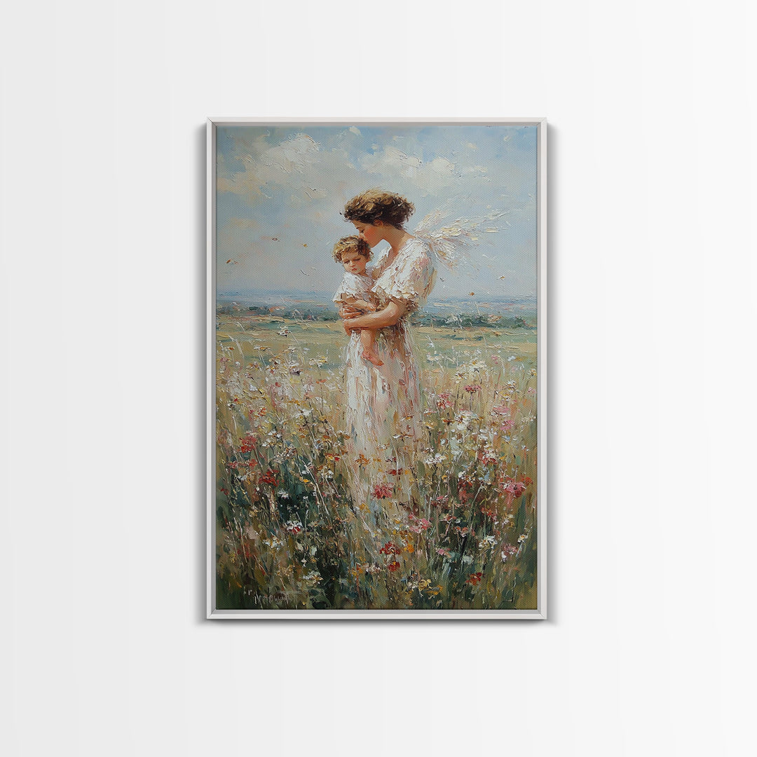 Guardian Angel Holding Child Wall Art, Wildflower Meadow Oil Painting, Christian Nursery Decor, Spiritual Gift For Mom, Fine Art