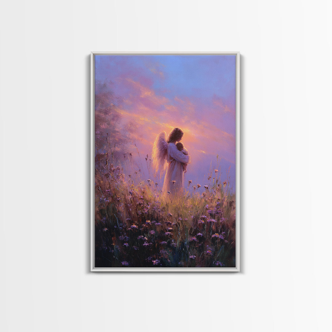 Angel Mother Cradling Baby Framed Canvas Print, Lavender Sunset Meadow Painting, Spiritual Wall Art, Nursery Decor, New Mom Gift