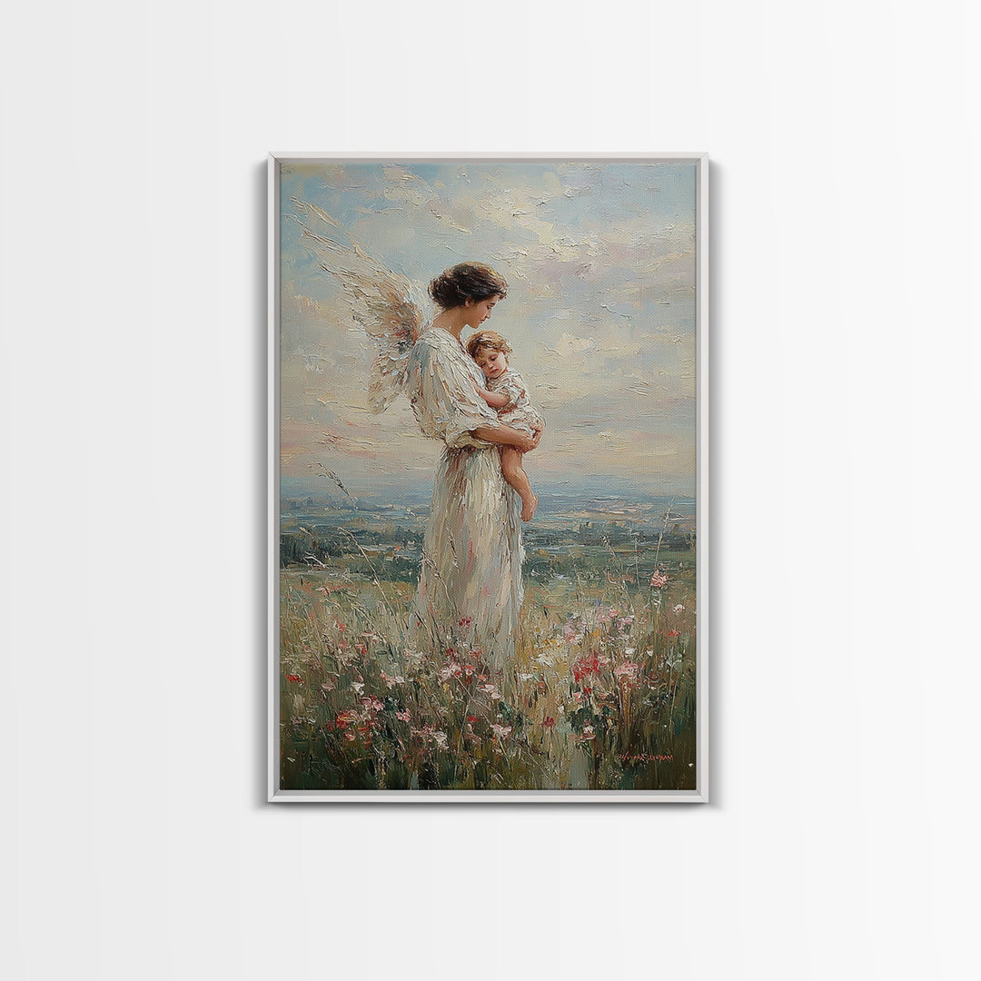 Guardian Angel Mother Holding Baby In Wildflower Meadow Wall Art, Christian Nursery Decor, Motherhood Gift, Fine Art Print