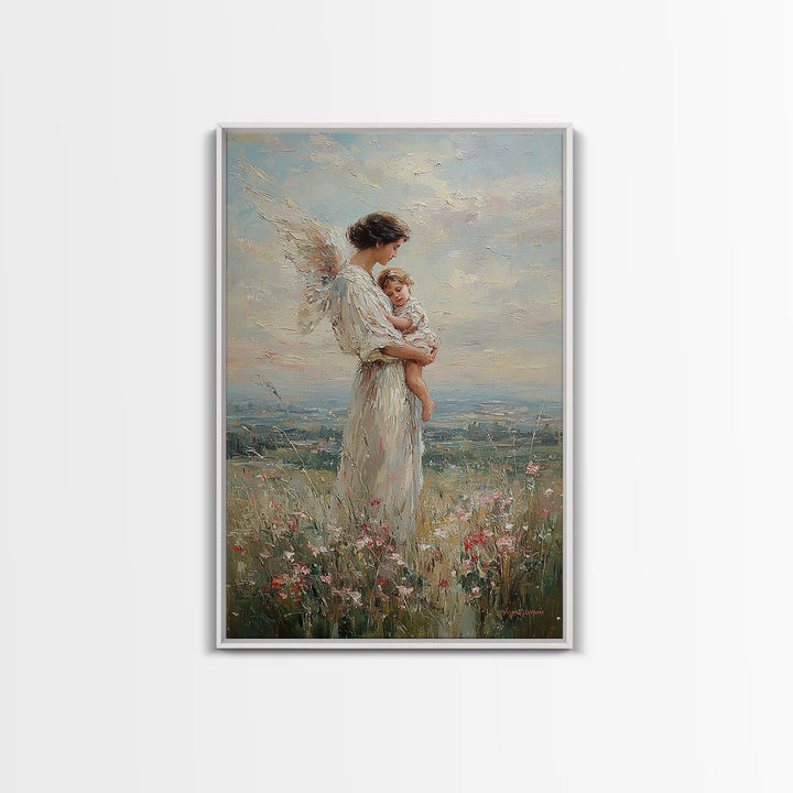 Guardian Angel Mother Holding Baby In Wildflower Meadow Wall Art, Christian Nursery Decor, Motherhood Gift, Fine Art Print
